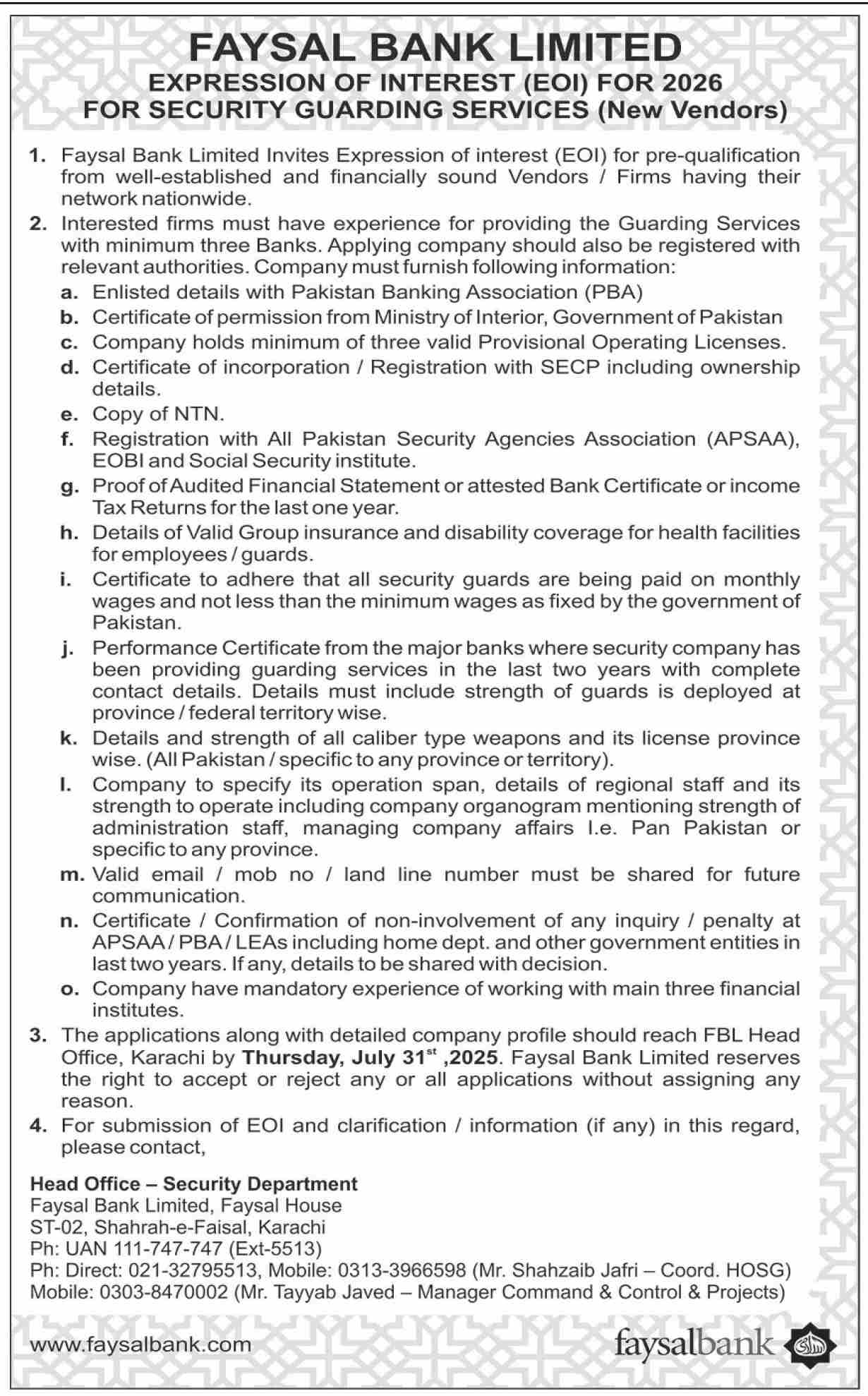 Faysal Bank Limited Tender Notice-1